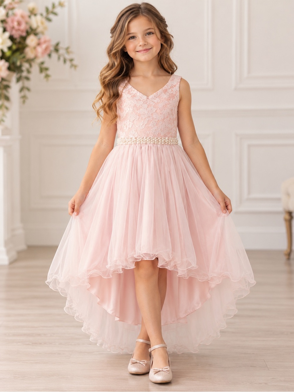 American Princess Girls Size 8 Blush Pink Lace High Low Pearl Formal Dress